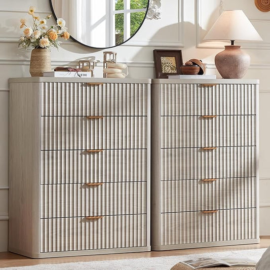 LEYAOYAO Fluted 5 Drawers Dresser Set of 2, 41" Tall Modern Chest of Drawers with Metal Handle, Curved Profile Dresser TV Stand, Wooden Drawer Organizer for Bedroom, Living Room, Hallway, Lightgrey