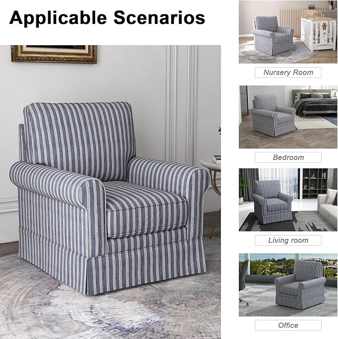 INZOY Swivel Accent Chair Linen Mid Century Modern Chair, Comfy Swivel Barrel Reading Chair, Upholstered Square Chair for Living Room Bedroom Small Spaces, Fully Assembled, Blue Stripe