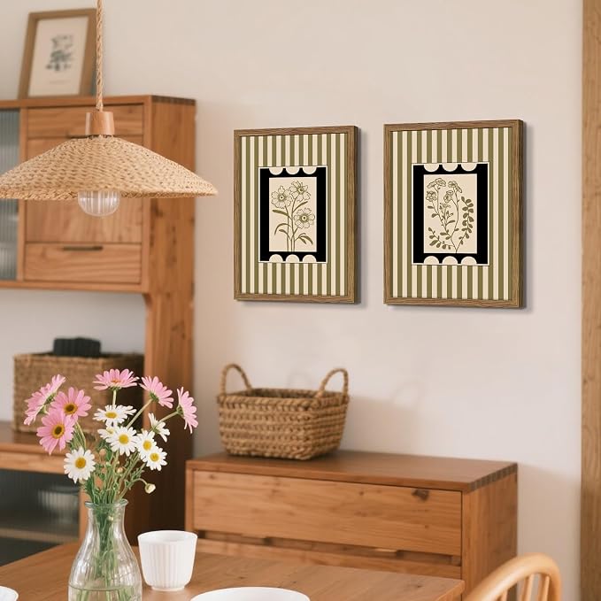 Framed Vintage Botanical Wall Art Set of 2, Olive Green Striped Floral Line Drawing Canvas Prints, Minimalist Nature Plant Artwork, Rustic Wall Decor for Living Room Bedroom Entryway 16x24in