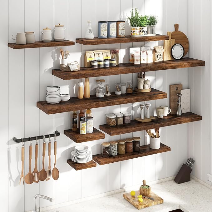 Floating Shelves for Wall with Invisible Brackets, Wall Mounted Engineered Wood Shelves with Wood Grain for Living Room, Bathroom, Kitchen Decor and Storage, Oak, 48"L Set of 2, Rustic Brown