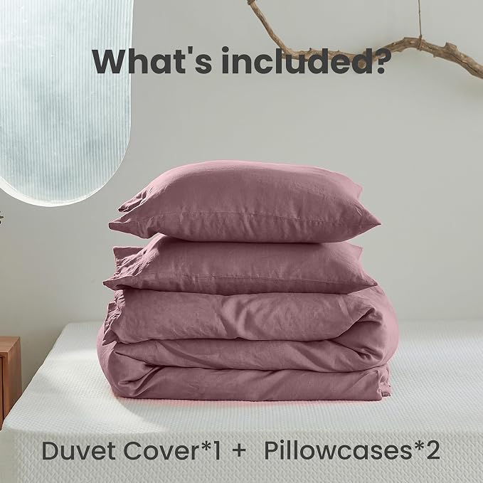Simple&Opulence 100% Linen Duvet Cover Set 3pcs with Coconut Button Closure Natural French Washed Flax Solid Color Soft Breathable Farmhouse Bedding - Purple, Full Size