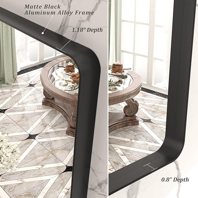60x36 Matte Black Bathroom Mirror, Modern Rectangle Metal Framed Mirrors for Wall, Rounded Corners, Shatter-Proof (Horizontal/Vertical)