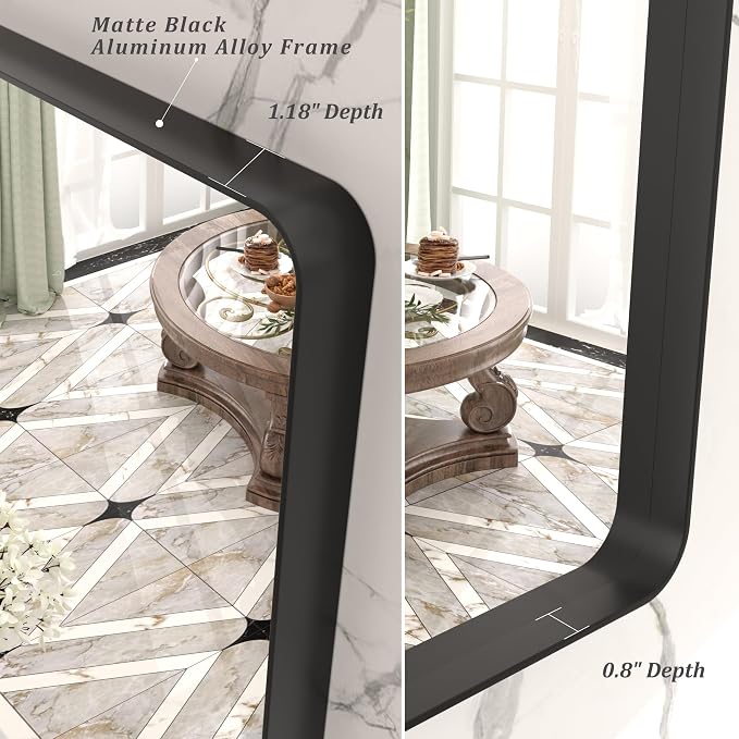 60x40 Inch Black Metal Framed Bathroom Mirror for Wall, Large Rounded Rectangle Mirror, Matte Black Bathroom Vanity Mirror, Anti-Rust, Shatterproof, Hangs Horizontally or Vertically
