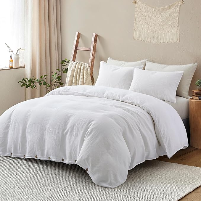 ATLINIA 100% Flax Linen Duvet Cover Set - Stone Washed Pure French Linen Organic Fabric for Farmhouse Comforter Boho Bedding Included 1 Duvet Cover 2 Pillow Shams(White, Queen)
