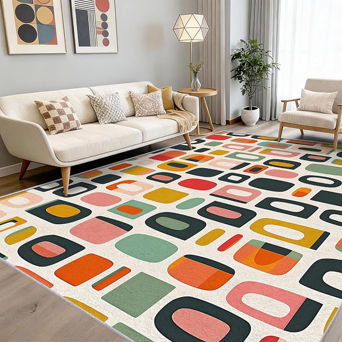 Mid Century Modern Rug 3x5 Retro 70s Boho Plaid Pattern Area Rugs for Living Room, Bedroom, Mid Century Modern Home Decor Accessories Indoor Carpet, Non Slip & Machine Washable, GD0715