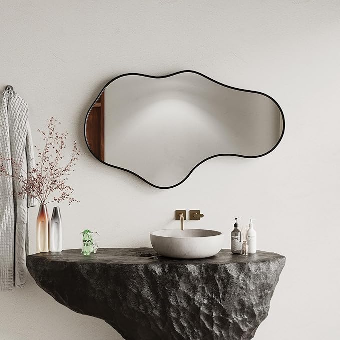 Irregular Wall Mirror - Black Wall Mirrors Decorative 24"x 40" Wavy Asymmetrical Abstract Mirror Aviation Aluminum Alloy Frame Unique for Vanity, Entryway, Bathroom, Bedroom, Living Room, Cloakroom