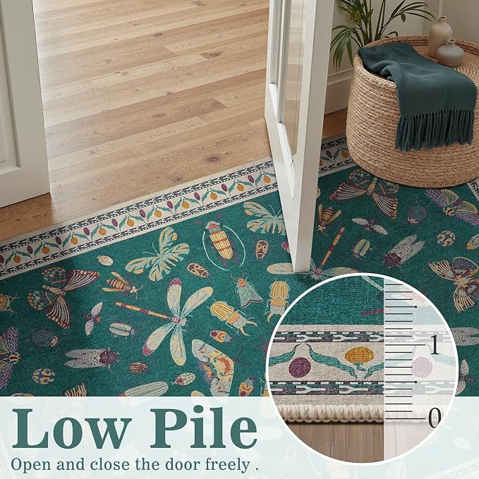 DCX 4x6 Washable Insect Rug, Vintage Gothic Deep Teal Rug with Non-Slip Rubber Backing, Soft Low-Pile, Stain-Resistant, Kid & Pet Friendly, for Living Room, Bedroom, Office, and Nature-Themed Decor