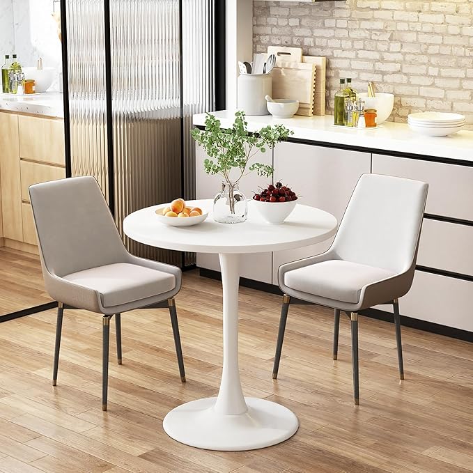 Round Dining Table 24" Circle Tulip Table with Wood Thickened Tabletop & Sturdy Metal Pedestal Mid Century Modern Leisure Bistro Kitchen Tables 2 People Small Places Living Room Cafe,White