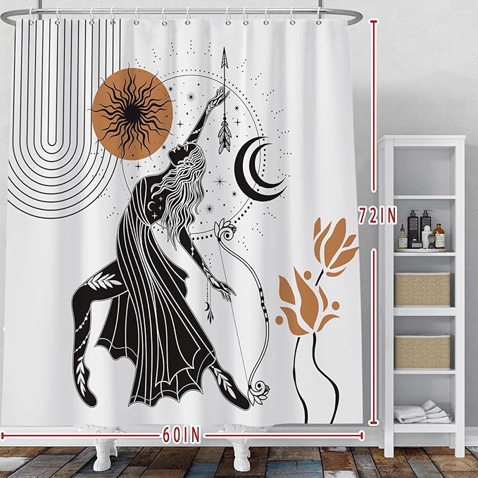 Baocicco Boho Shower Curtain Sun Moon Women Bow and Arrow Plants Modern Geometric Shower Curtains Decorative for Bathroom Waterproof Fabric Shower Curtain with Hooks 60x72 Inches