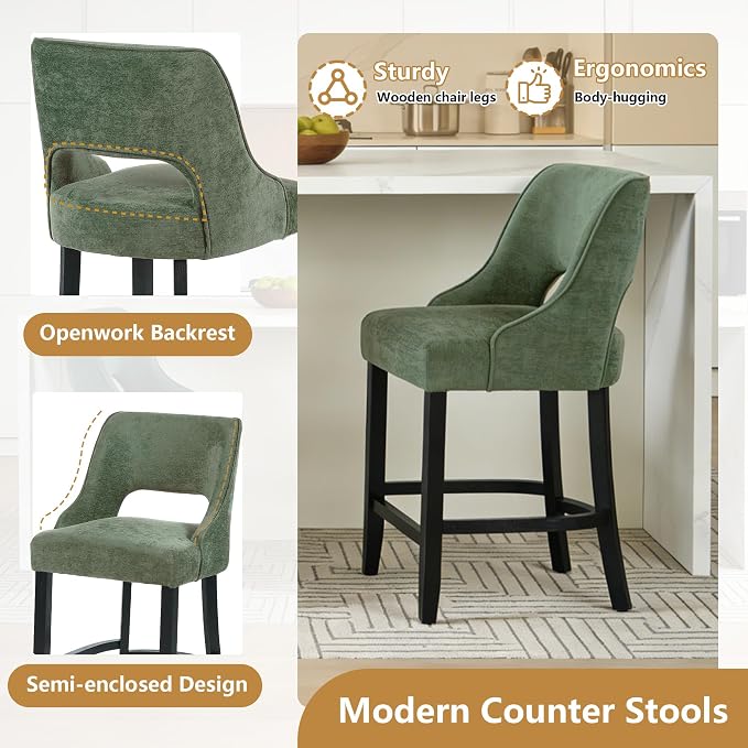 ClinQ Bar Stools Set of 4, 26" H Counter Height Bar Stools with Backs, Modern Upholstered Accent Barstools with Curved Footrest for Kitchen Island, Dining Room and Bar, Green-Black Legs