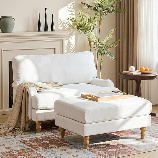 Bezseller Oversized Chair Indoor with Ottoman, 46" W Upholstered Armrest Sofa, Big Comfy Lounge Sofa Deep Seat Sleeper Chair for Living Room, Apartment, Bedroom, Reading Room(Beige)