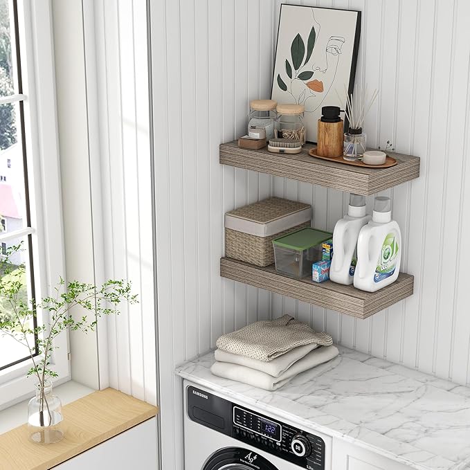 Deep Floating Shelves | 24 Inch Grey Floating Shelves Set of 2 | 12 Inch Deep Rustic Wood Shelves for Wall | 24" W x 12" D Grey Shelves for Living Room Bathroom Laundry Room Kitchen