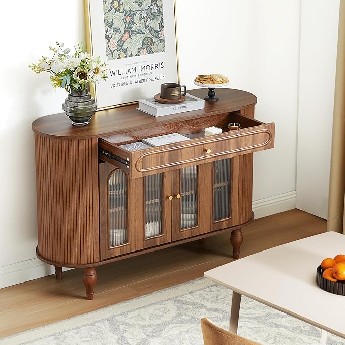 XUZENEST 47'' Fluted Sideboard Buffer Cabinet with Drawer, Modern Credenza Storage Cabinet, Bar Cabinet Console Table with Tambour Sliding Side for Living Dining Room Kitchen Hallway Entryway, Walnut