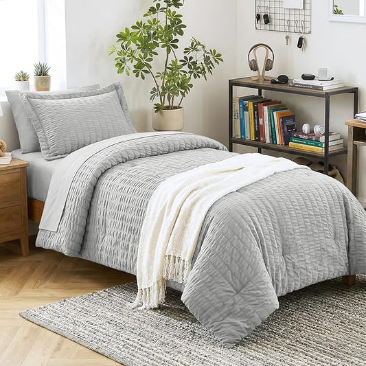 CozyLux Twin XL Comforter Set Light Grey, 5 Pieces Seersucker Twin Extra Long Bed in a Bag, College Dorm Down Alternative Bedding Set with Comforter, Sheets, Pillowcase & Sham, Back to School Gift