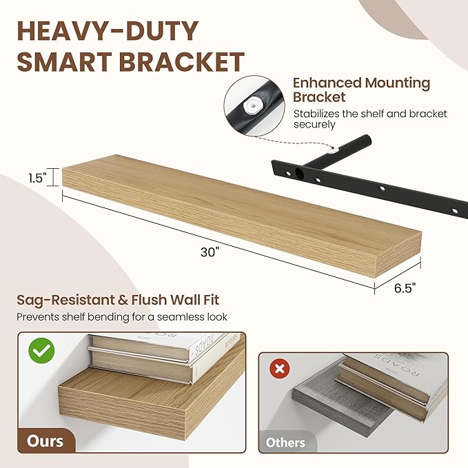 30 Inch Floating Shelves for Wall 2 Pack, 30" Wall Shelves for Books, Storage, Decor, Wall Mounted Floating Shelf with Invisible Brackets for Kitchen, Living Room, Oak