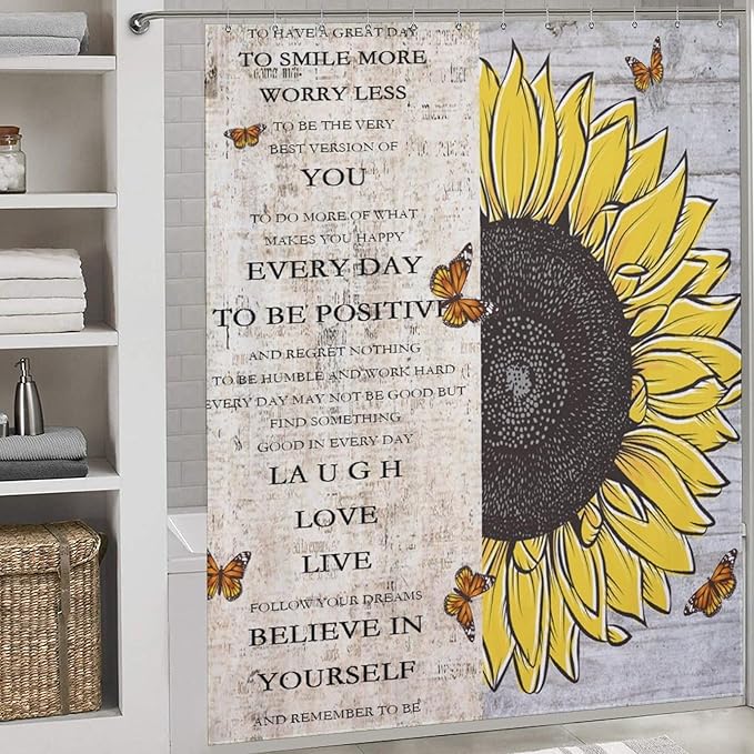 Inspirational Quotes Sunflowers Butterfly Shower Curtain,Vintage Old Newspaper Board Background Sunflower Animals Waterproof Shower Curtains for Bathroom Decor 12 Pack Hooks 72x72in (183x183cm)