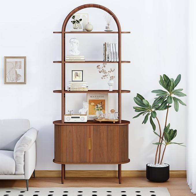 Turtle&Myrtle Tall Arched Bookshelf, Mid Century Modern Fluted Bookcase Cabinet with Sliding Doors, Curved Metal Frame Bookcase, Industrial Storage Display Shelving for Living Room, Bedroom (Walnut)