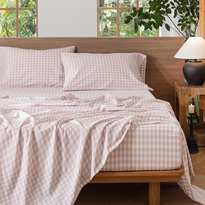 MooMee Gingham Sheet Set 100% Washed Cotton Linen Like Textured Breathable Soft w/Fully Elasticized 16-19" Deep Pocket (Classic Gingham Greyish Pink, Queen)