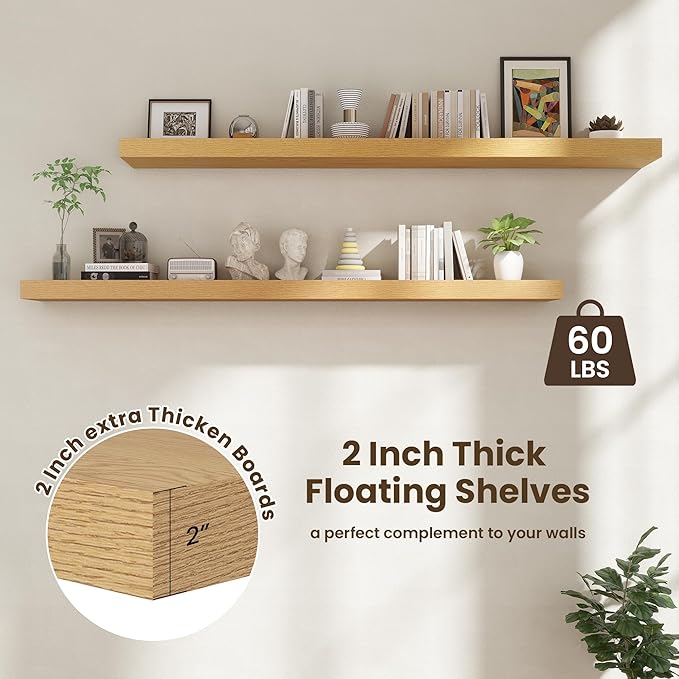 72 Inch Floating Shelves | 12 Inch Deep Oak Floating Shelves Set of 2 | 72" W x 12" D Rustic Oak Wall Shelves for Bathroom Living Room Kitchen Laundry Room