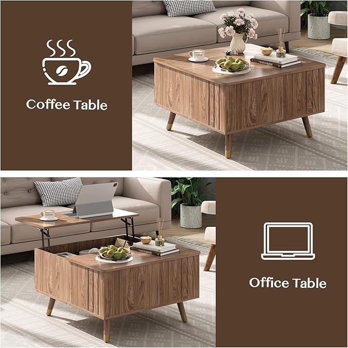 Square Lift Top Coffee Table with Storage,32" Mid Century Modern Walnut Center Table with Rising Desktop for Work & Dining, Walnut Finish