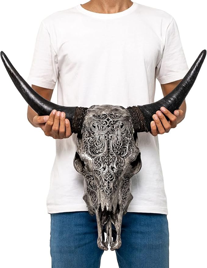 Skull Bliss - Hand-Carved Real Authentic Taxidermy Cow Skull/Bull Skull Wall Decor with Horns/Real Animal Cow Skull Wall Decor (Standard Horns)