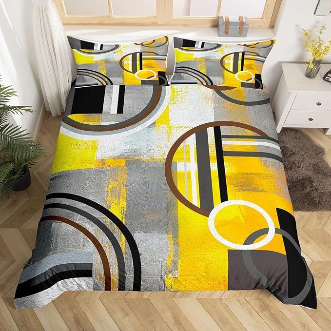 Erosebridal Ombre Duvet Cover Full,Yellow Black Gray Comforter Cover for Kids Boys Girls,Geometric Circles Swirls Bedding Set,Grunge Oil Painting Artwork Quilt Cover with 2 Pillow Cases Zipper& Ties