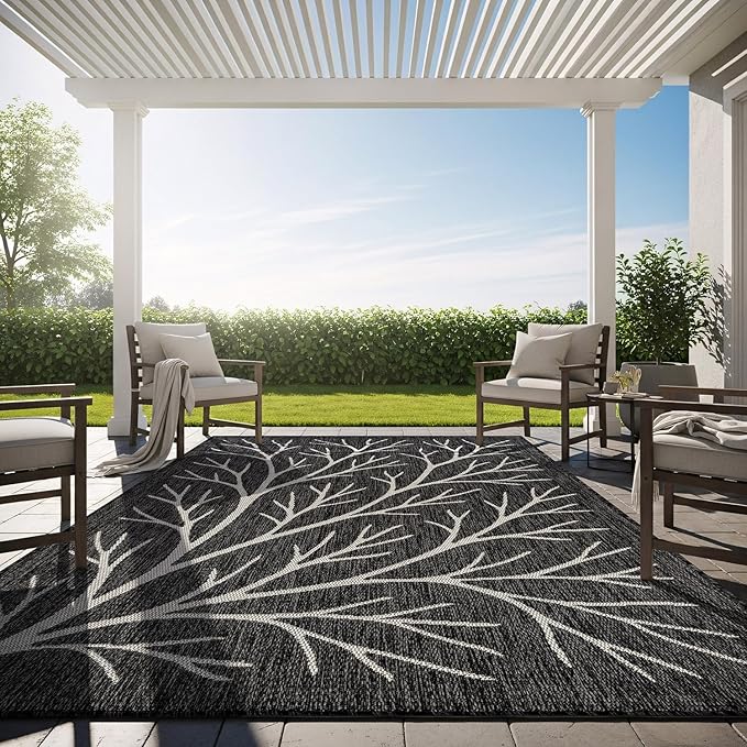 Washable Indoor Outdoor Rug 6x9 Modern Area Rugs Branch Pattern Non Shedding Waterproof Easy Clean Patio Deck Porch Living Room Bedroom Garden RV (6 X 9 Dark Gray)