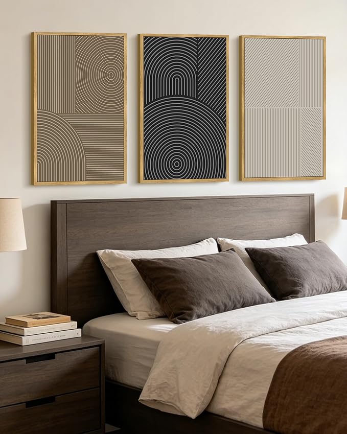 KUVIOKE Minimalist Abstract Boho Framed Wall Art Modern Mid-Century Bohemain Neutral Line Wall Decor Geometric Artwork Bedroom Decor 24x36in (Natural Framed)