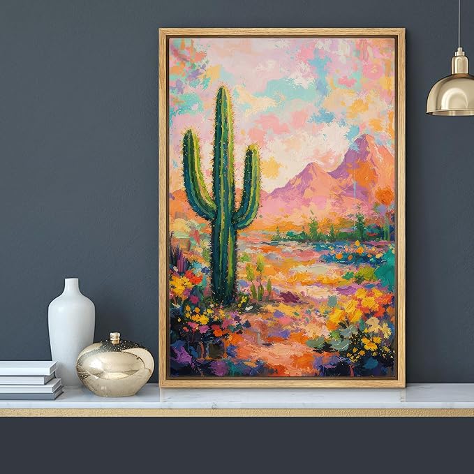 MUDECOR Framed Canvas Print Wall Art Colorful Desert Cactus Landscape Contemporary Illustrations Minimalism Decorative Bohemian Zen for Living Room, Bedroom, Office - 24"x36" NATURAL