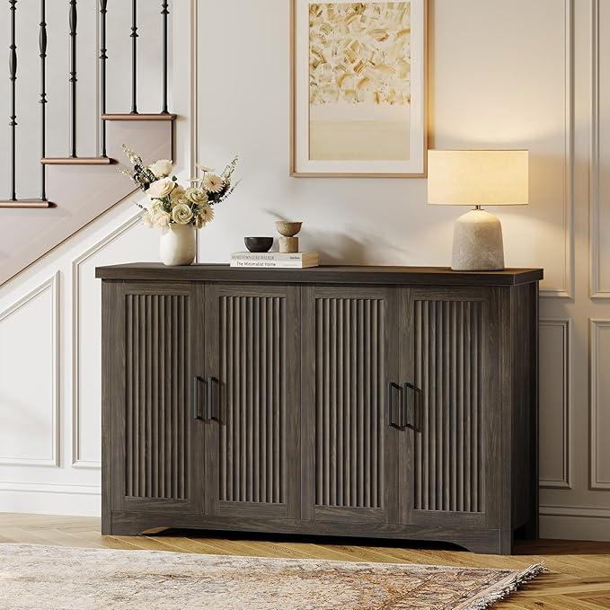 Fluted Buffet Cabinet with Storage Accent Sideboard,Modern Credenza with 4 Doors & Adjustable Shelves,Wood Coffee Bar Table Console for Dining Room Kitchen Living Room Entryway,Gray