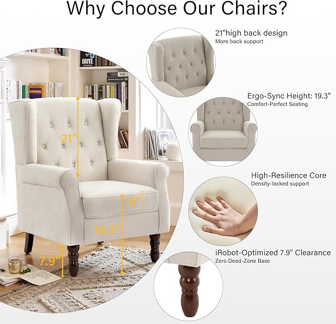 Lumibee High Back Accent Chair Set of 2,Upholstered Wingback Armchair with Solid Wood Legs for Small Spaces,Comfy Single Sofa Chair for Living Room,Bedroom,Office-Beige