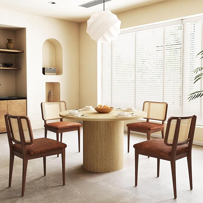 QHITTY Fluted Round Dining Table, 47-inch Wood Kitchen Table Table for 4, Farmhouse Circle Table with Strip Base for Kitchen, Living Room, Natural