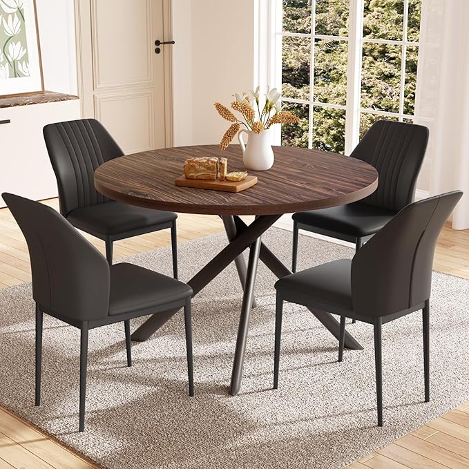 HIPIHOM 45.3'' Walnut Round Dining Table Set for 4, Mid Century Modern Small Coffee Set for Dining Room Kitchen Apartment (Dark Walnut Table + 4 Black Chairs)