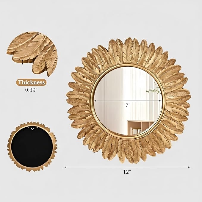 ZOROSY Gold Round Wall Mirror 12 inch - Small Wall Decorative Mirror, Boho Wall Decor Mirror for Dressing Table, Living Room, Entryway, Bedroom,Hallway,House Warming Gifts