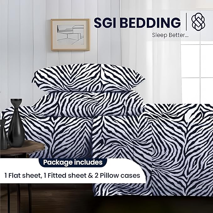 SGI bedding 100% Egyptian Cotton Sheets Queen Size – 600 Thread Count Sheets Set, Soft, Cooling, 15" Deep Pocket, Luxury Hotel Bedding, Breathable, Durable - Zebra Print