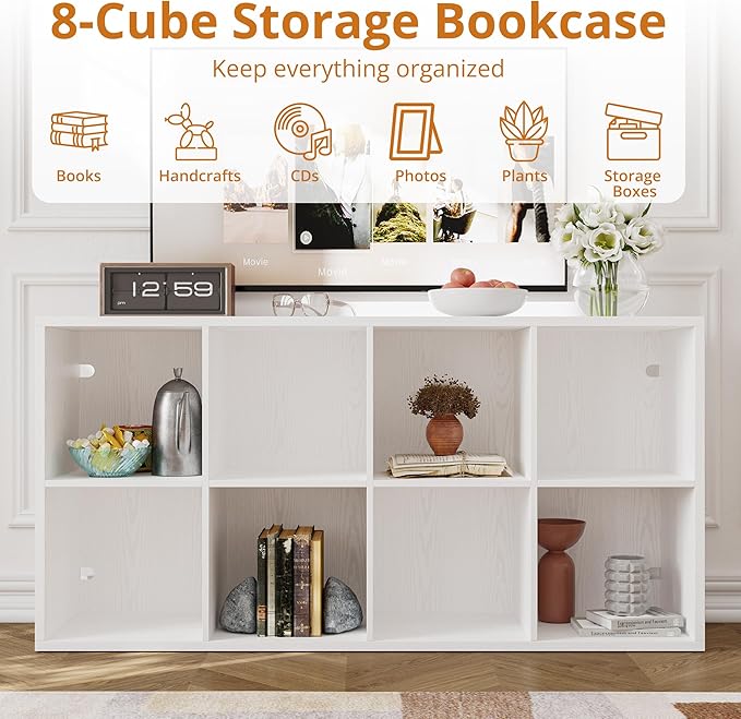IRONCK Bookshelf, 8-Cube Storage Cube Shelf Organizer, Extra Thick Frame Horizontally & Vertically Reversible Bookcase with Open for Living Room, Bedroom, Home Office, White