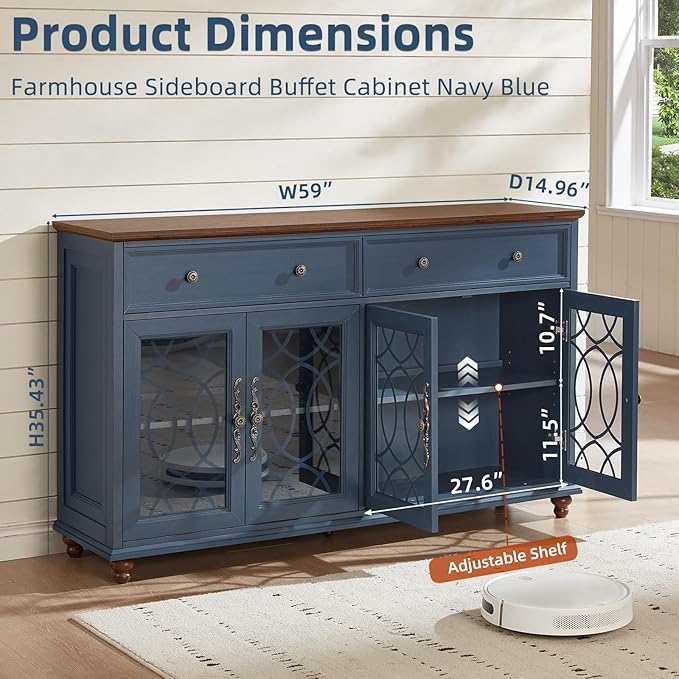 Large Sideboard Buffet Cabinet Set of 2 with Storage,59" Credenza with 4 Glass Doors & 2 Drawers,Adjustable Shelves Coffee Bar,Wood Kitchen Console Table for Dining Room,Blue