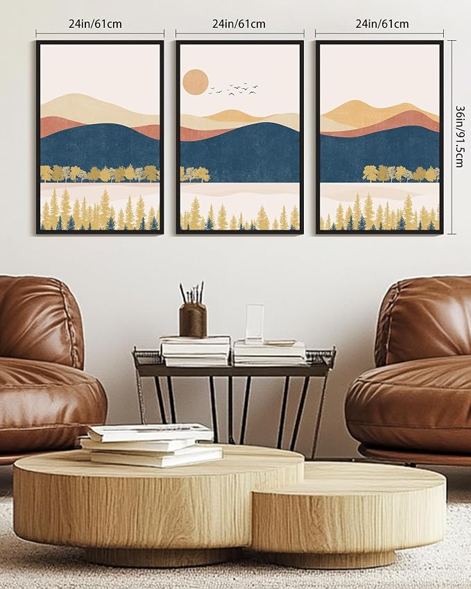 KUVIOKE Bohemain Mountain Landscape Framed Canvas Wall Art Watercolor Nature Artwork Painting Boho Farmhouse Rustic Room Decor for Bedroom Living Room 24x36in (Black Framed)