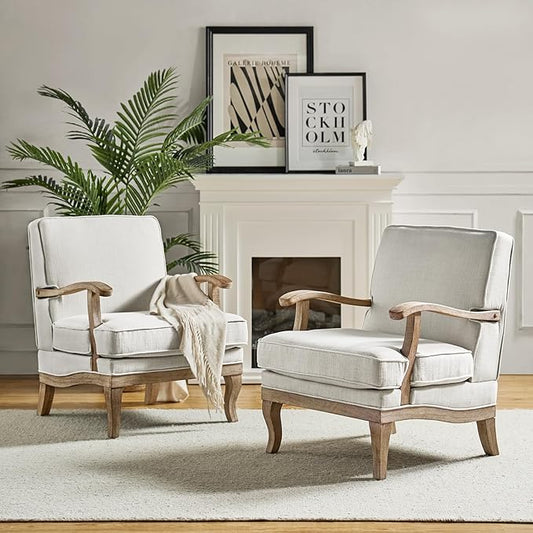 HULALA HOME Mid-Century Modern Accent Chair Set of 2, Upholstered Living Room Lounge Chair, Comfy Armchair with Solid Wood Legs & Removable Cushion, Bedroom Lounge Room Sofa Chair (Ivory)