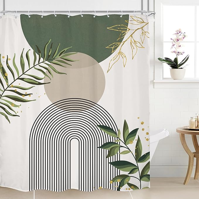 Green Boho Shower Curtain Extra Long Modern Abstract Bohemian Green Gold Minimalist Leaves Mid Century Arch Bathroom Decor Geometric Plant 72Wx84H Bath Curtain Fabric Polyester 12 Pack Hooks
