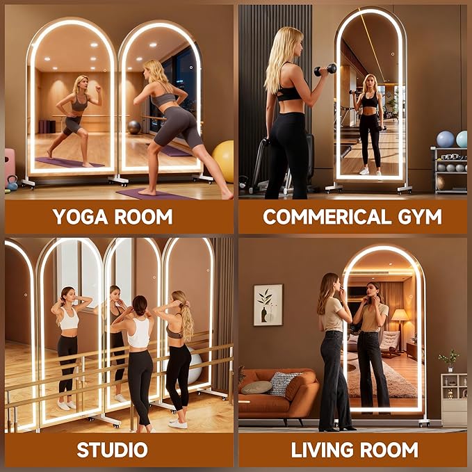 Hasipu 71" x 36" Arched LED Rolling Gym Mirror with Wheels, Dimmable Lighted Body Mirror with 3 Color Temperatures & Adjustable Brightness for Bedroom, Yoga Studio & Home Gym