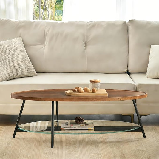 Shrine Glass Coffee Table, Black Walnut Table for Living Room, Glass and Wood Table, 43.3" D x 21.6" W x 15.7" H, Clear Glass Base, Walnut Wood Top&Black Metal Frame