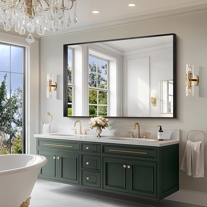 CIRCUMI Black Bathroom Mirror, 60"x40" Rectangular Mirror with Deep Metal Frame, Brushed Finish, Tempered Glass, Large Mirror for Wall, Over 2 Sinks, Installed Vertically/Horizontally, Crystal-Clear