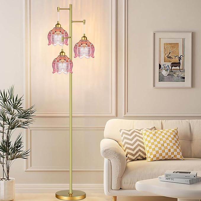 Pink Floor Lamp for Living Room,Bedroom,Gold Mid Century Modern Standing Lamp Brass Tree 3 Light Tall Floor Lamps Retro Floor Lights Glass Flower Lamp Shade Girls Kids Boho Bohemian