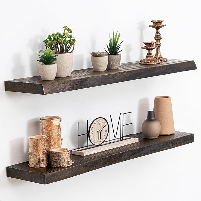 Extra Deep 32" Long Live Edge Rustic Floating Shelves for Wall, Solid Wood Wall Shelves with Invisible Bracket Mount for Living Room Bathroom Bedroom Kitchen, Set of 2, Natural