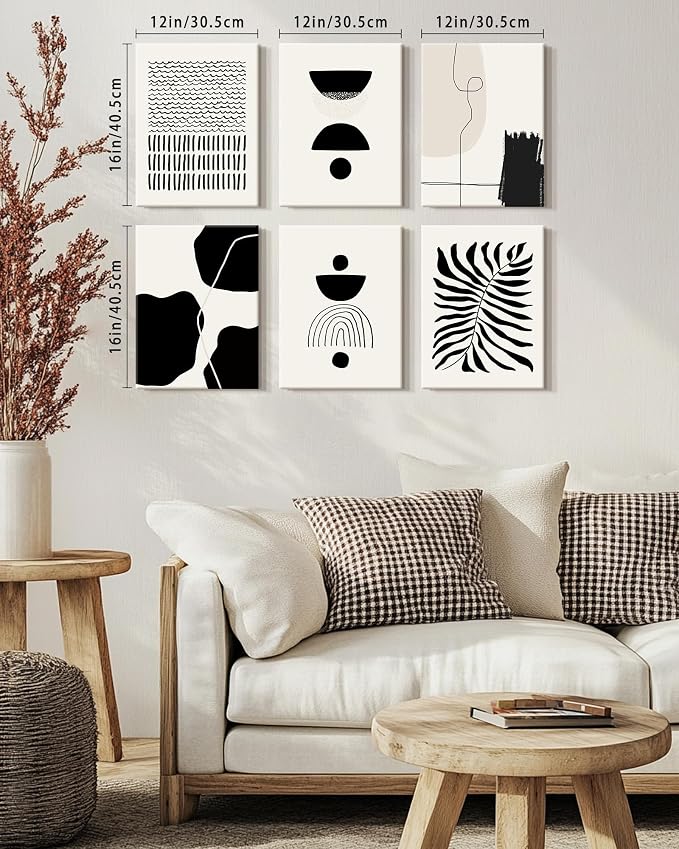 KUVIOKE Black Abstract Framed Wall Art Boho Room Decor Set of 6 Minimalist Geometric Line Art Bohemian Mid Century Modern Prints for Bedroom Living Room 12x16in (Framed)