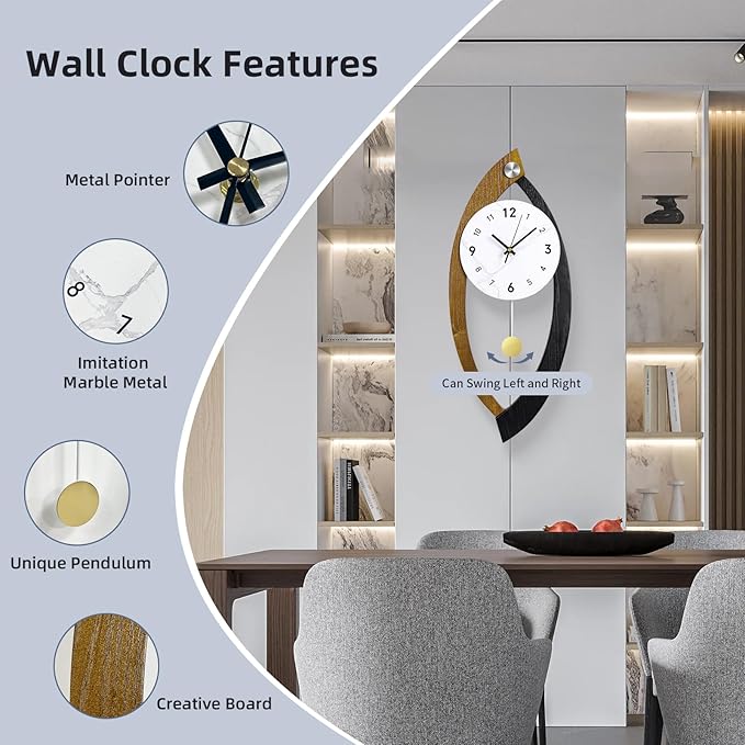 23.6 x 9.8inch Decorative Wall Clocks with Pendulum, Large Modern Solid Wood Frame Unique Clock for Wall Decor Living Room,Kitchen,Home,Bathroom,Bedroom - Battery Operated, Silent, Non-Ticking