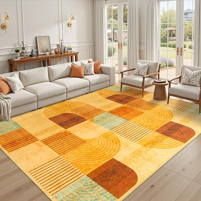 6x9 Area Rugs for Living Room, Soft Modern Geometric Rug for Bedroom, Washable Non-Slip Indoor Floor Abstract Carpet for Dining Room Nursery Home，Multi/Orange