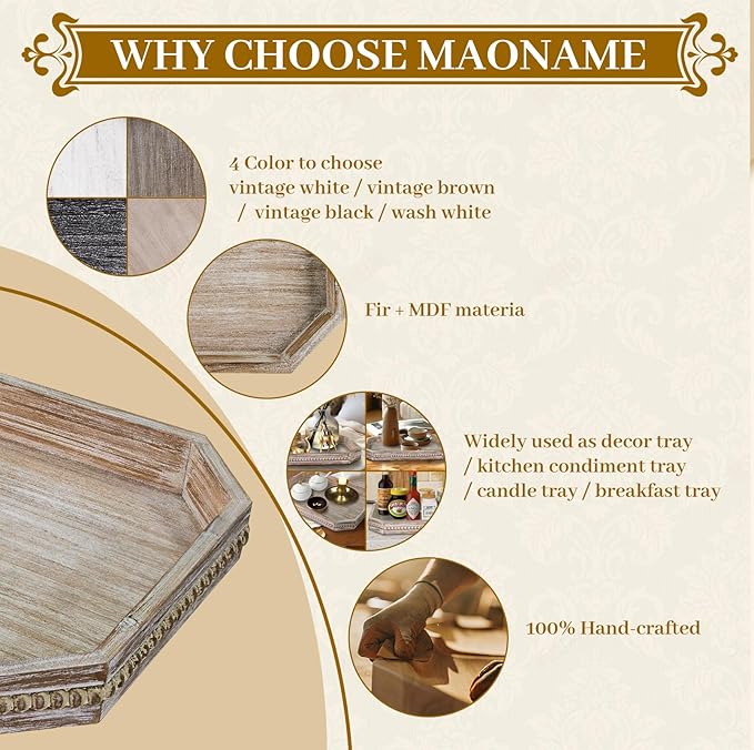 MAONAME Wood Serving Tray, Farmhouse Wooden Tray for Coffee Table, Octagonal Beaded Trays, Washed White Decorative Trays for Living Room, Kitchen, 15.7" X 10.2" X 1.6"