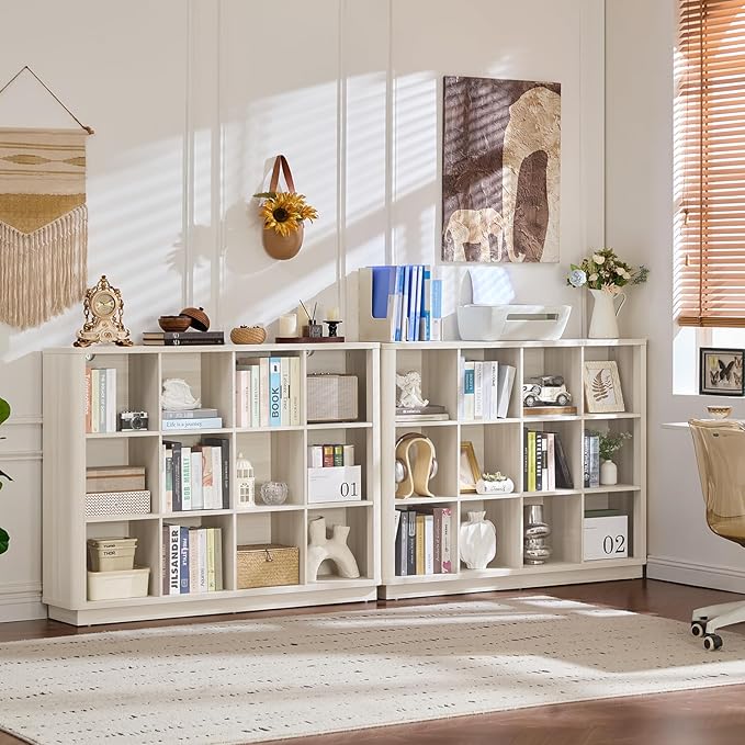 Joaxswe 12 Cube Storage Organizer, 41" Large Bookshelf with Curved Edge, Wood Floor Standing 3-Tier Cubby Bookcase w/Base, Modern Display Storage Cabinet for Living Room, Office, Gray-White Cream Oak